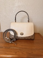 Coach Beige Brown Satchel Top Handle Bag with Detachable Strap Logo Accent