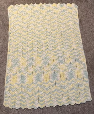 29x39  Crocheted Baby Blanket, Gender Neutral White Yellow Green, Lap Afghan