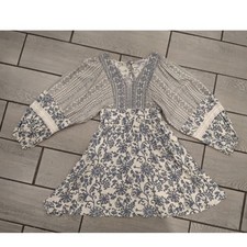Sincerely Jules Boho Peasant Dress White Blue Floral Embroidered Sleeve Size S