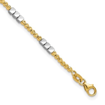 14k Bicolor Gold Diamantschliff Runde und Quadrat Perlen Armband 7'' 3,75gm