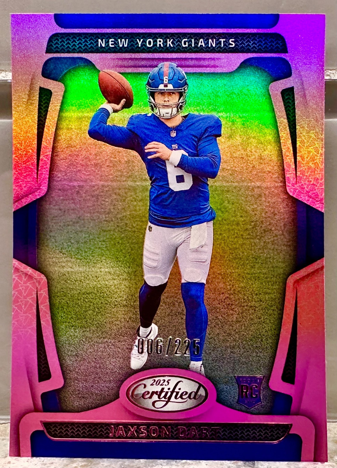 JERSEY # MATCH! 2025 Panini Certified Jaxson Dart Pink Rookie 6/225! GIANTS #150
