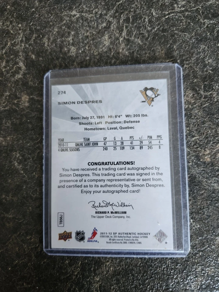 2011-12 SP Authentic Future Watch Auto Rookie 450/999 Simon Despres Card# 274 - Image 2 of 2