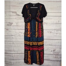 Vintage Carole Little Maxi Dress 6 Black Mixed Print Polka Dot Tie Front 90s