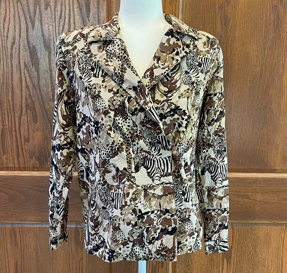 Doncaster Silks 衬衫上衣 6 码动物印花长袖 100% 真丝棕色卡其色 — 第 2/4 张图片