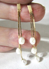 14K Gold Baroque Pearl Triple Chain Dangle Earrings 2” Estate Jewelry 6 Pearls