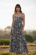 Goa Beachwear by Japna XL Blue White Tropical Maxi Dress Smocked Resort Boho