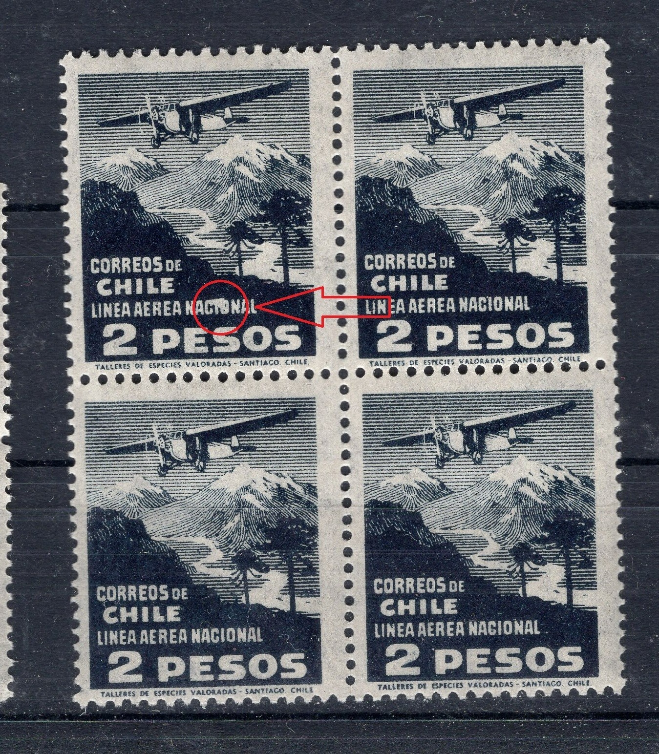 CHILE 1931 airmail 2 pesos Sc.C28 block of 4 ERROR VARIETY L5