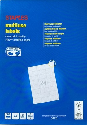 2.400 Staples Etiketten 3475 weiß 70,0 x 36,0 mm mit 100 Blatt à 24 Etiketten