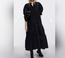 New Zara Womens Size XL Black Tiered Midi Dress Puff Short Sleeves Button Front