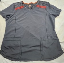 Dickies Contemporary Medical Scrub Top Gray  Red Womens 2XL Pit To Pit 24IN