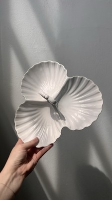 Vintage weiße Keramik dreiteilige Muschelschale - geteilt Servierplatte