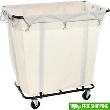 Vintage Laundry Cart Metal Frame Rolling Casters Fabric Lining 4 Compartments US