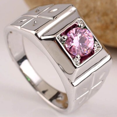 Men's 1Ct Pink SA. Round Lab Create Diamond Solitaire Wedding Ring 14k Gold Over