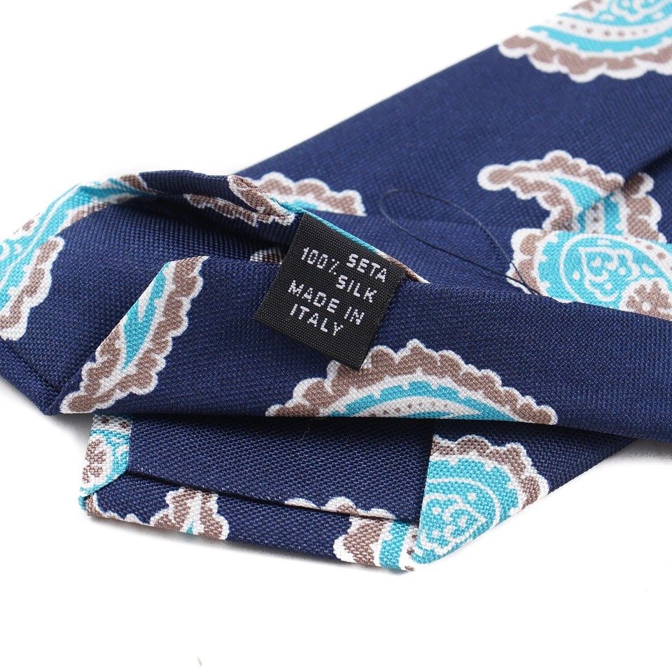 Corbata de seda con estampado de cachemira azul marino y turquesa ancho delgado Luigi Borrelli nueva con etiquetas Foto 4 de 4