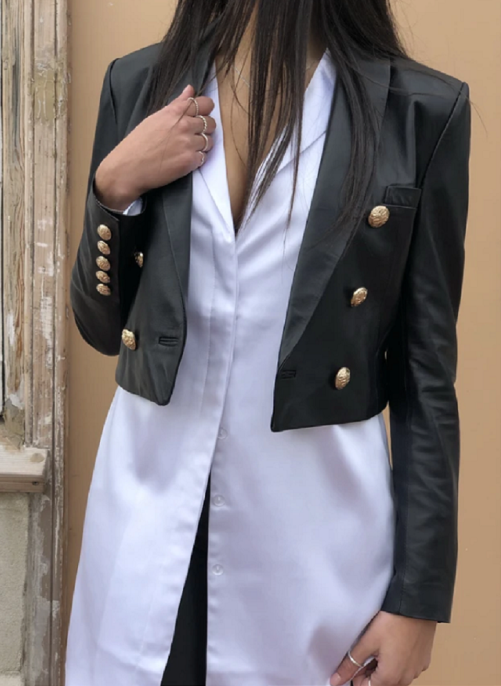 Womens Leather Blazer Short Gold Button Sheepskin Black