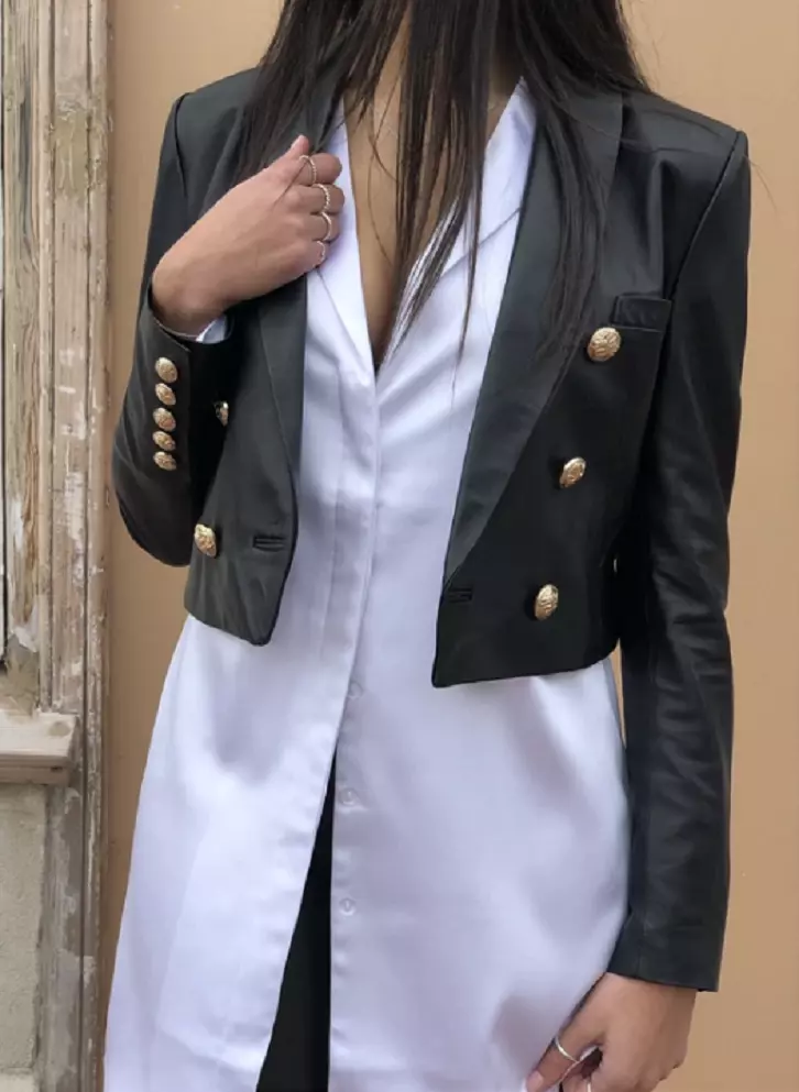Womens Leather Blazer Short Gold Button Sheepskin Black Classic Biker Jacket 246