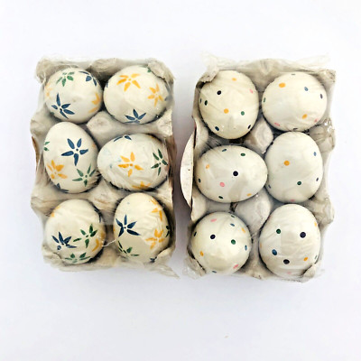 VTG Solid Wood Hand Painted Easter Eggs 2 Sets of 6 Dots Floral Craft Spring NEW