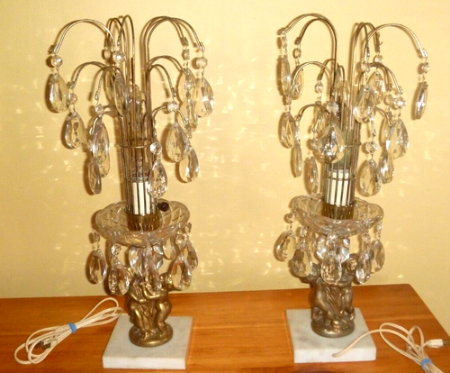 Vtg. Pair Austrian Crystal Cherub Waterfall Lamps Italy Aerolux Cross Bulb - Picture 2 of 12