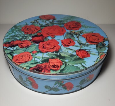 Vintage Huntley Boorne Stevens Red Roses Biscuit Tin Round England Blue & Red