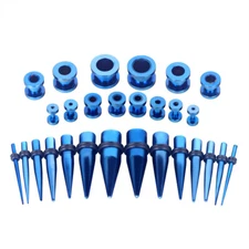 28PCS Ear Gauges Stretching Kit 12G-00G Tapers Tunnels Eyelets Blue 316L Steel