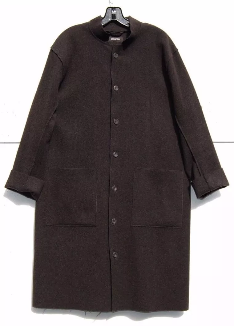 Eskandar DARK BROWN 70% Wool 30% Cashmere Stand Collar 42” Long Coat O/S $2190