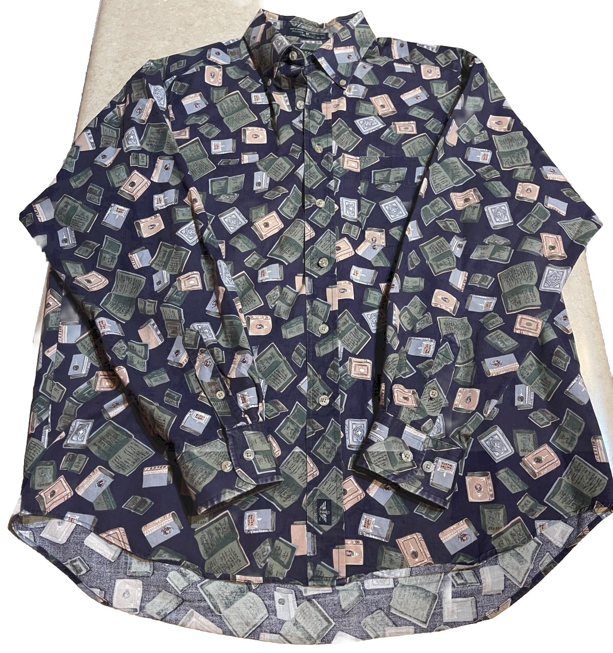 VTG 90s Dockers Levis Book Print Mens Medium Shirt Button Up Long Sleeve Blue