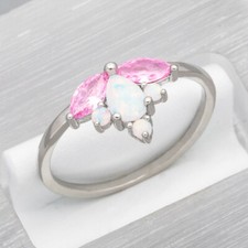 Marquise Simulated Pink Topaz White Fire Opal Silver Jewelry Ring Size 6 7 8 9
