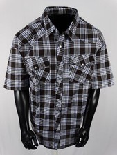 Men Plaid Western Pockets Short Sleeve Shirt Brown Blue Snap Up 3X, 4X