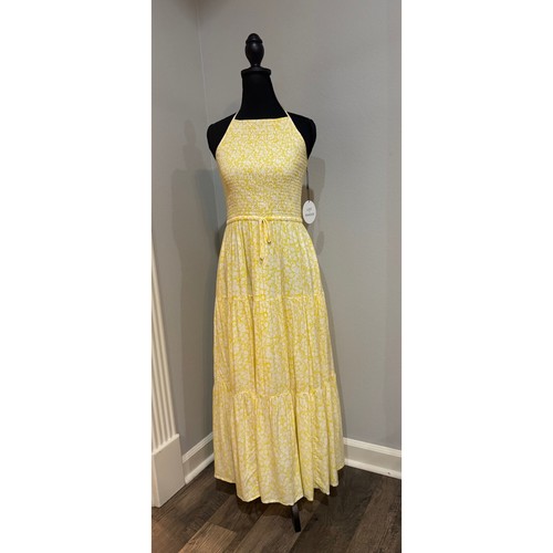 Lost + Wander Maxi Dress Smocked Halter Floral Yellow White Summer Size S