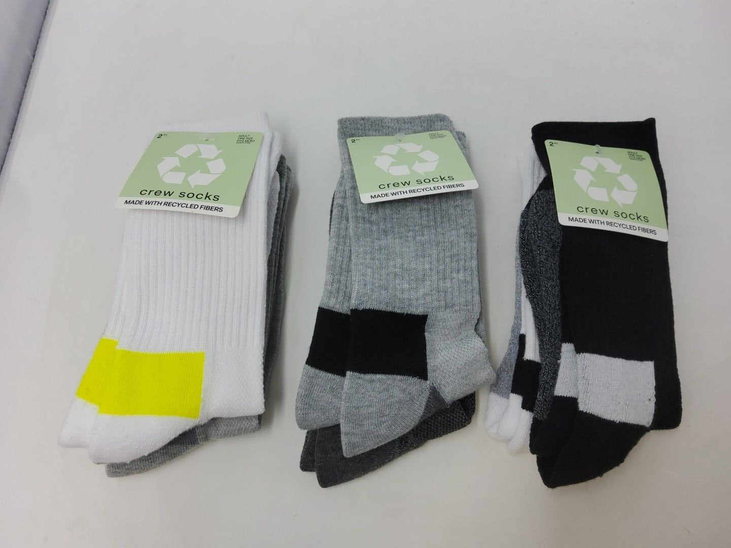6 Pair of Unisex Crew Socks one size fits most Made with Recycled Fibers Quality
