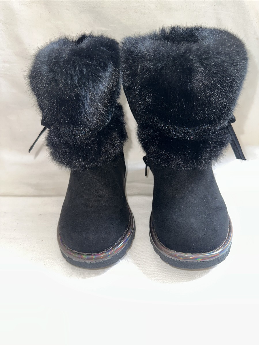 Girls Black Boots Size Zip Up Winter Fashion Shoes Faux Fur