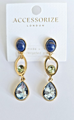 ACCESSORIZE, GOLD TONE, STATEMENT TRIPLE CRYSTAL GEM LONG DROP EARRINGS