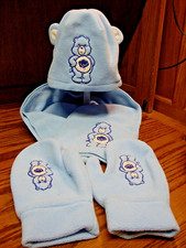 2003 CARE BEARS Blue Beanie Cap Scarf Mittens by Characters From Cleveland  238