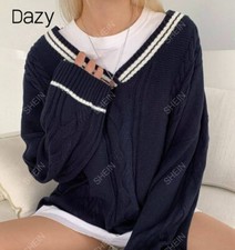 White Striped Trim Drop Shoulder Knit Sweater Navy Blue