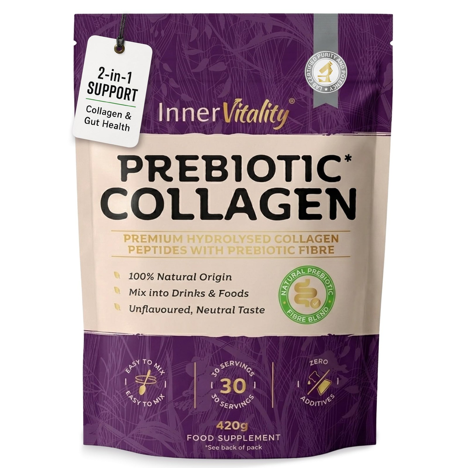 Prebiotic Collagen Powder - 420g Hydrolysed Peptides & Prebiotics