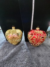Gold Red Heart Christmas Ornaments Set of 2