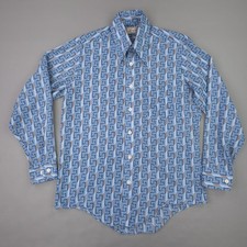 Vintage 70's Dagger Collar Shirt Men Medium Blue Geometric Long Sleeve Disco