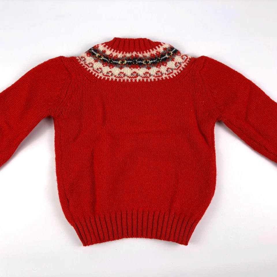 Винтажный Clansman 100% Шетландская шерсть детский свитер 10/30 красный темно-синий Fair Isle - Изображение 4 из 4