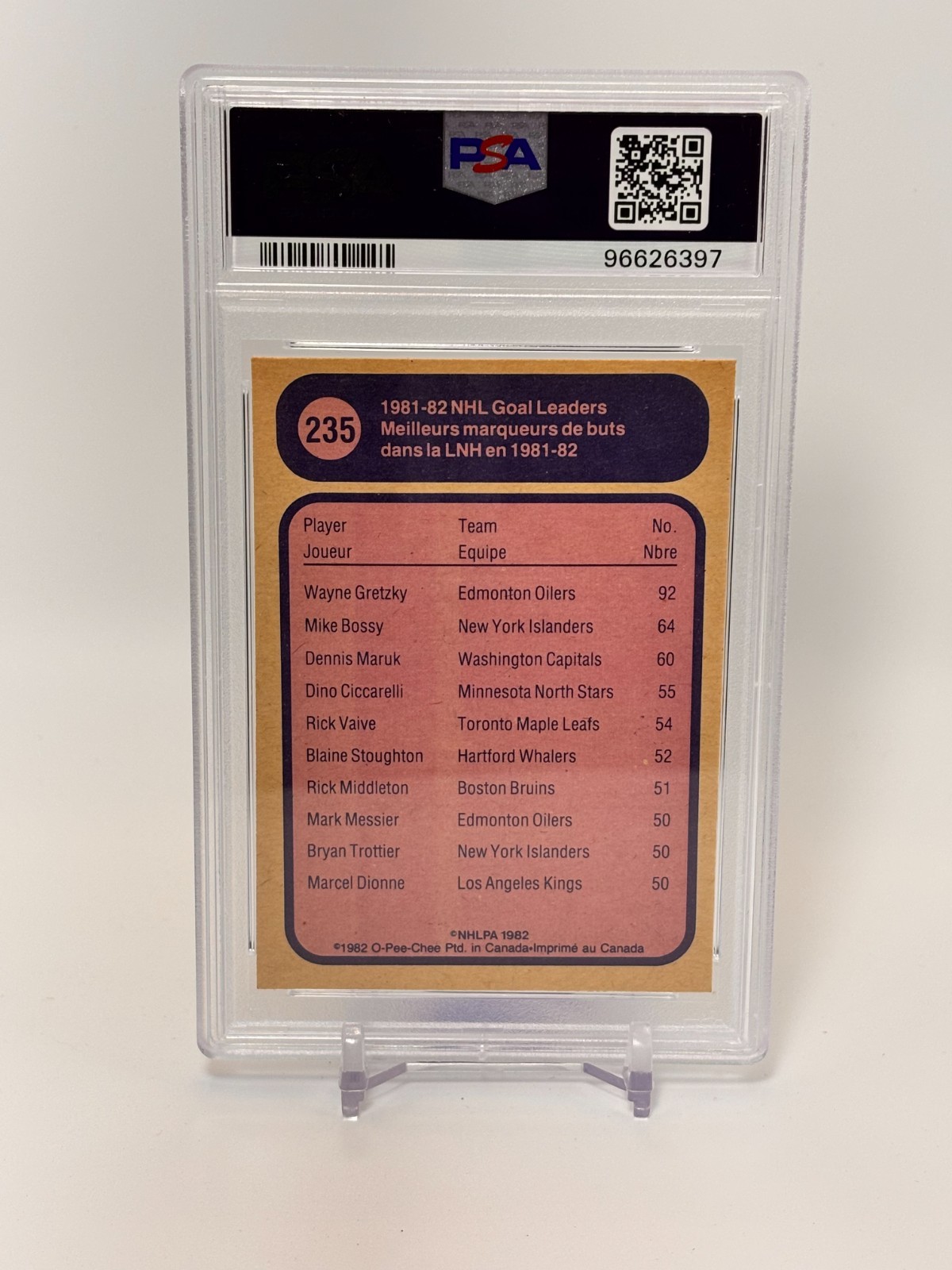 1982 O-Pee-Chee #235 Wayne Gretzky Goal Leader PSA 9 HOF view 2