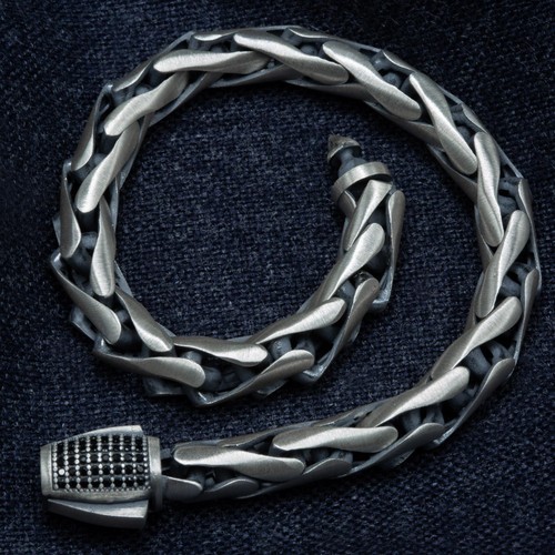 Bracciale uomo in argento sterling 925 con pietre preziose onice catena tonda fatto a mano - Foto 5 di 8