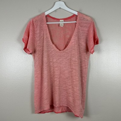 We The Free Womens M T-Shirt Coral Pink Linen Blend Scoop Neck Crochet Trim Boho