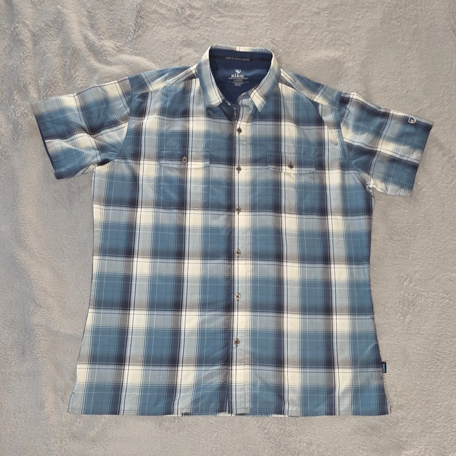 Kuhl Mens Large Blue Plaid Short Sleeve Button Down Hiking Shirt