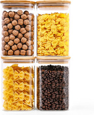 Glass Food Storage Jars Square 37Oz, 4 Pack Glass Jars with Bamboo Lids, Kitchen