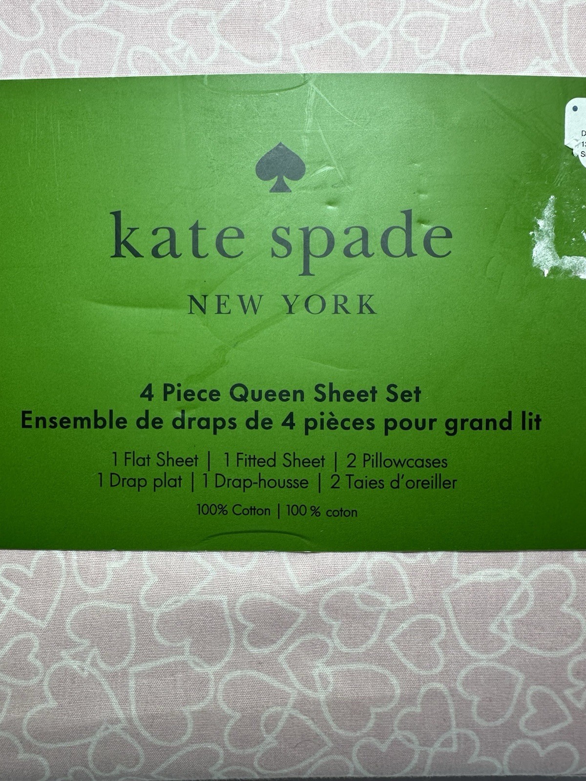 Kate Spade Queen Sheet Set 100% Cotton Percale Chalk Pink  Outline Hearts White thumbnail 2