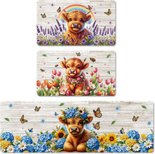 Highland Cow Kitchen Rugs Set of 3, Farmhouse Cattle Kitchen Mats Non Slip Washa