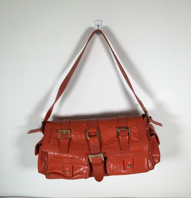 The Find Burnt Orange Ostrich Effect Leather Cresent Shoulder Bag 