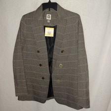 Anne Klein Women's Medium Gray Plaid Open Blazer Coat Suit Jacket Buttons 39E 