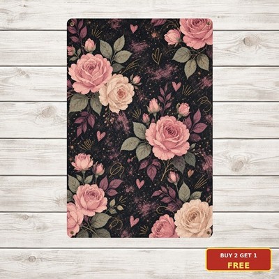Pink White Roses Dark Background Romantic Floral Pattern Retro Metal Sign