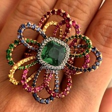 0.80ctw Rose Cut Diamond Gemstone Studded Silver Victorian Flower Ring Jewelry