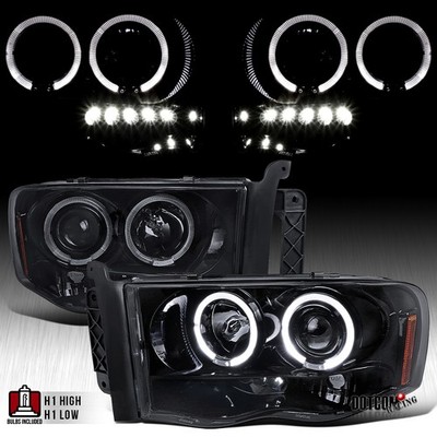 Black Smoke Fit 2002-2005 Dodge Ram 1500 2500 3500 LED Halo Projector Headlights
